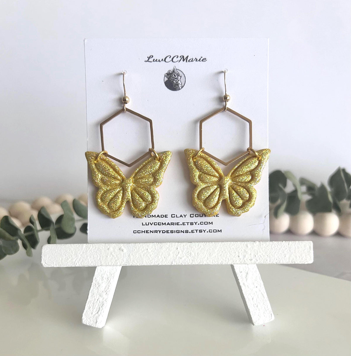 Hoop Butterfly Earrings, Sparkly Holographic Gold Monarch Dangles, Handmade Clay Unique Jewelry
