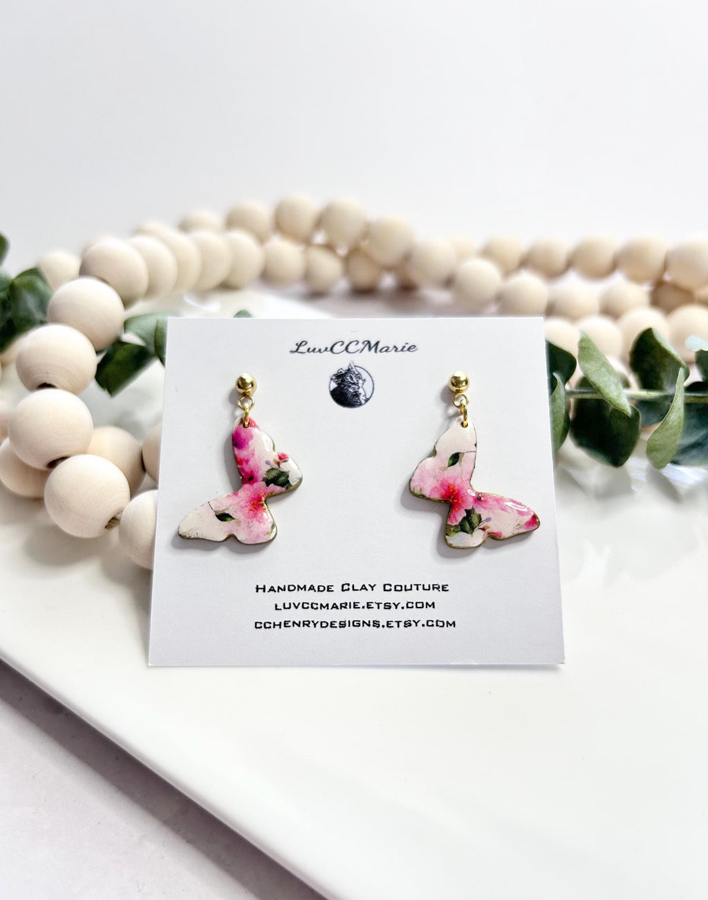 White and Pink Butterfly Earrings, Dainty Dangles, Floral Drops, Handmade Clay Fashion Gift