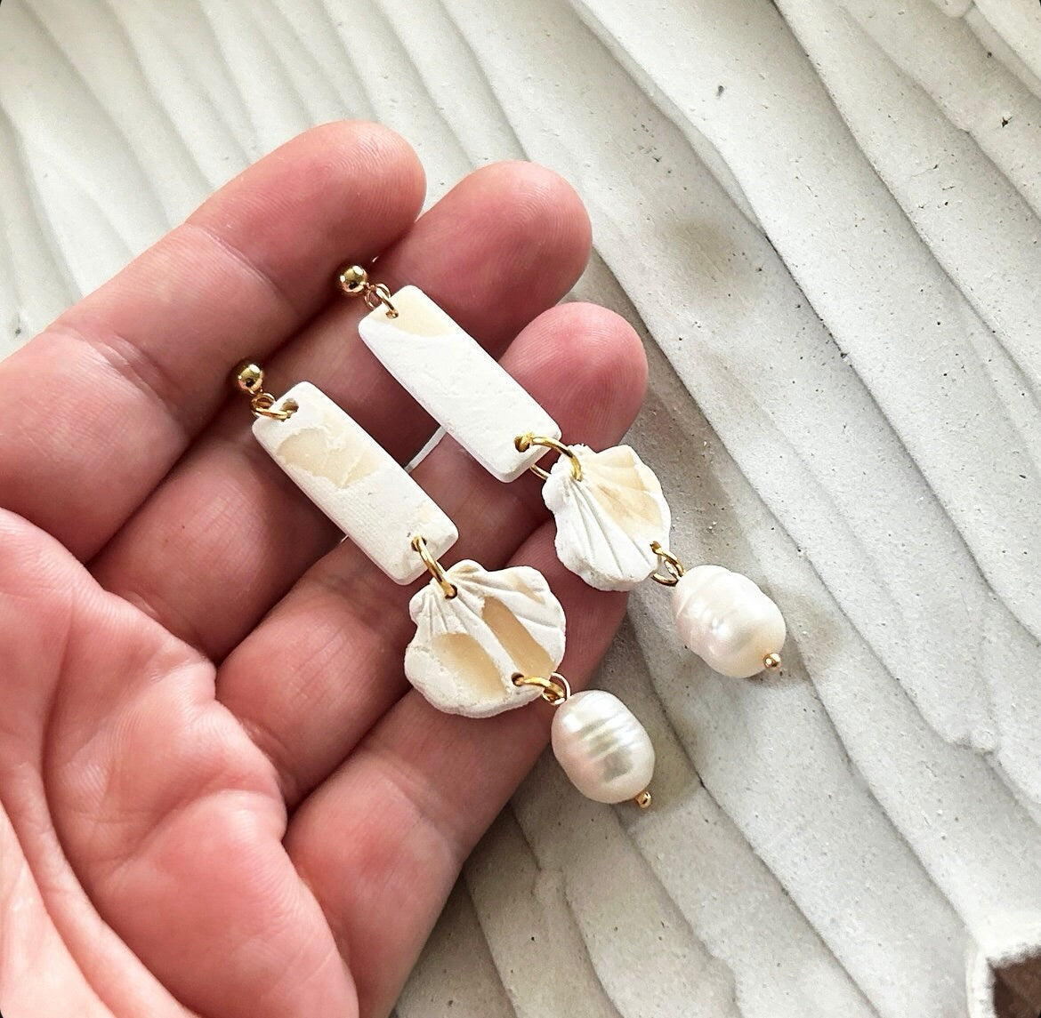 Seashell Earrings, Cream and White Clay Dangles, Coastal Beach Vacation Handmade Jewelry