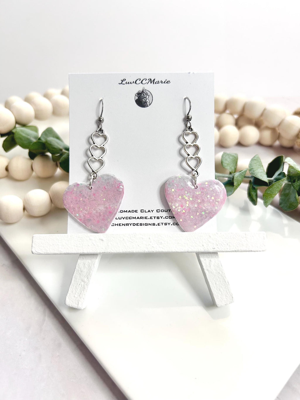 Trans Pride Heart Dangle Earrings: Holo Glitter Clay Boho Jewelry
