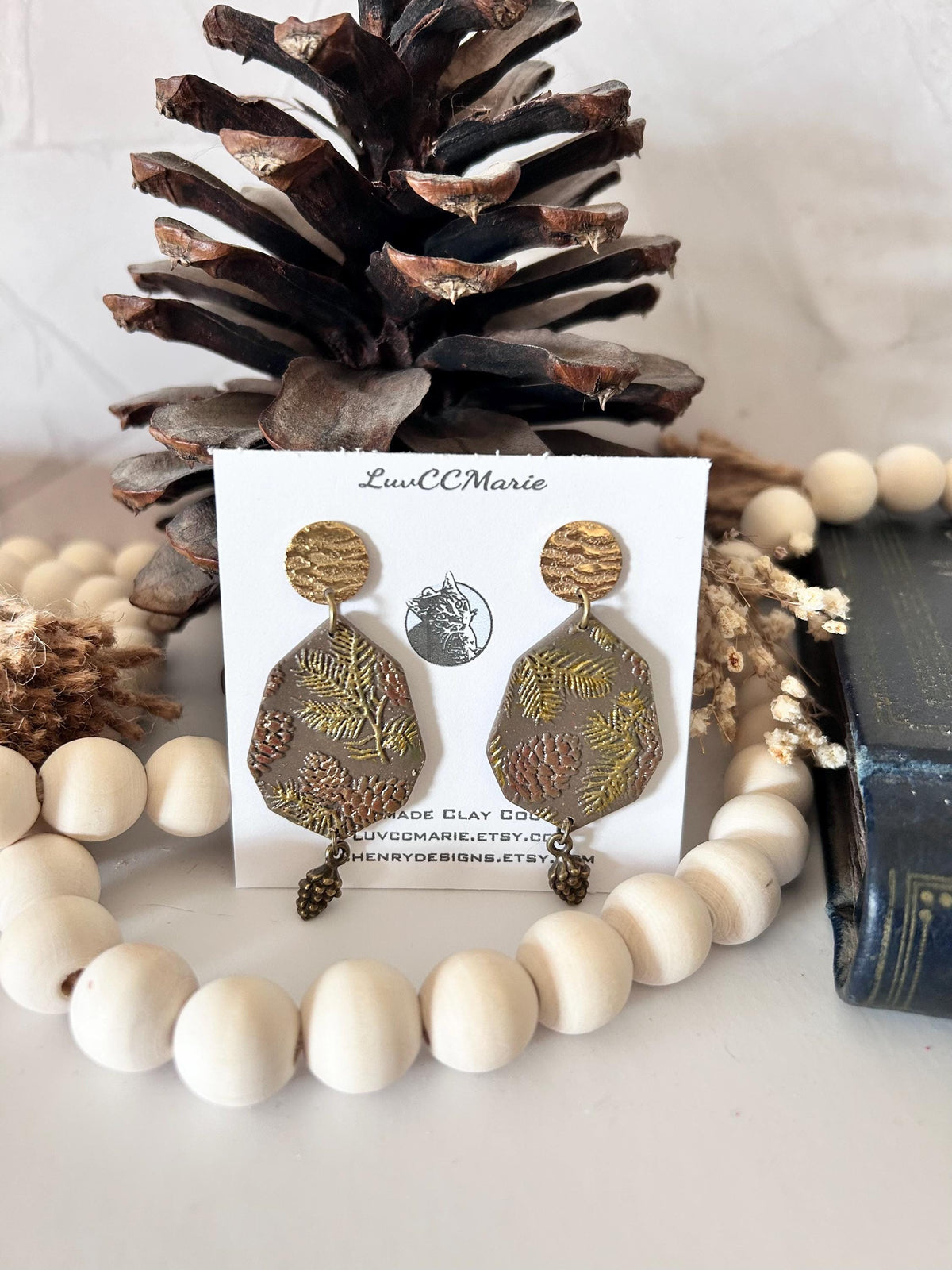 Handmade Pinecone Dangle Earrings: Clay & Bronze Boho Jewelry