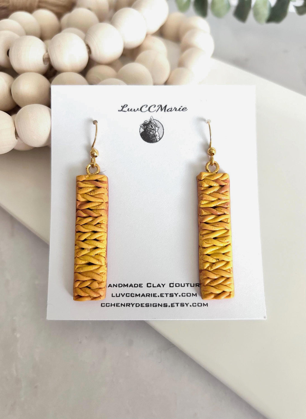 Mustard Knit Dangles, Yellow Clay Earrings, Wood Stud Drops, Lightweight Handmade Unique Fall Jewelry Gift