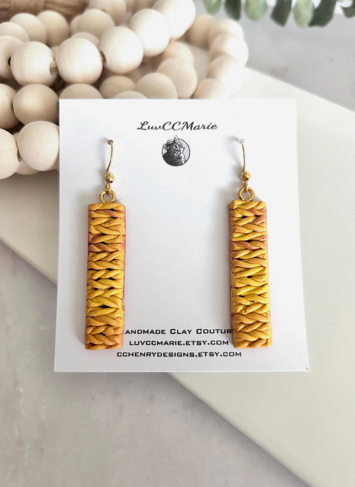 Mustard Knit Dangles, Yellow Clay Earrings, Wood Stud Drops, Lightweight Handmade Unique Fall Jewelry Gift