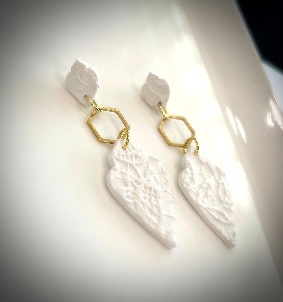 White and Gold Long Earrings, Modern Geometric Clay Dangles, Floral Embossed Handmade Jewelry