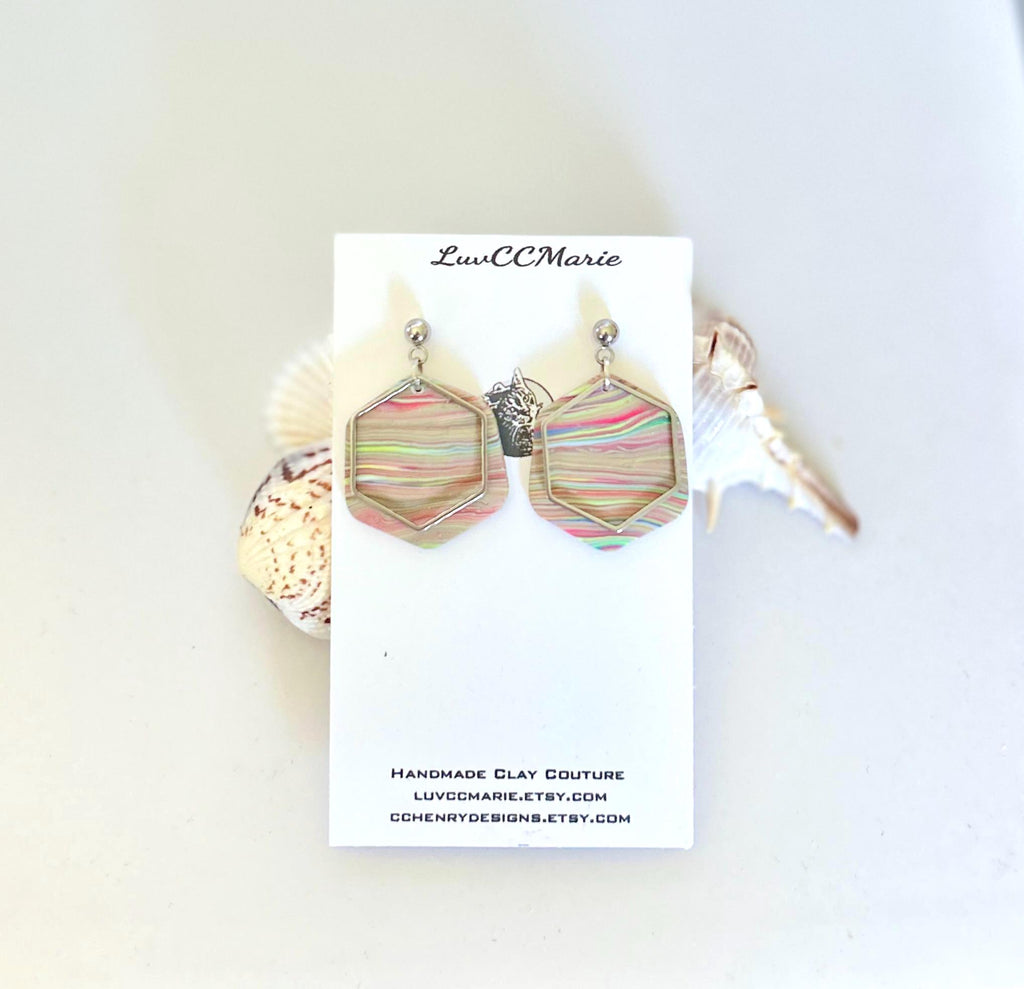 Handmade Clay Striped Earrings, Rainbow Pride Silver Dangles, Lightweight Jewelry Gift