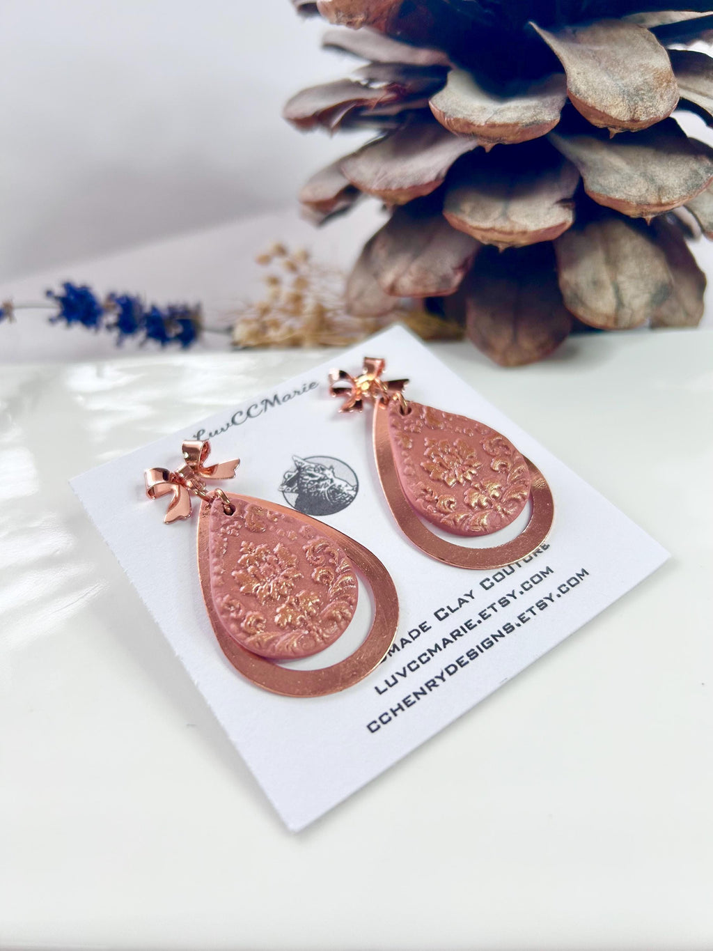 Copper and Clay Dangle Earrings, Mauve Pink Teardrop Dangles, Lightweight Boho Handmade Jewelry
