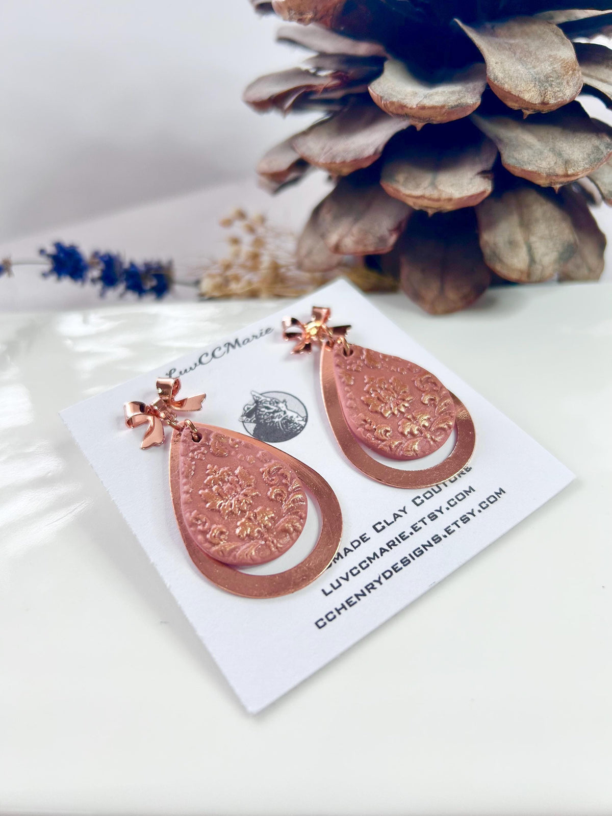 Copper and Clay Dangle Earrings, Mauve Pink Teardrop Dangles, Lightweight Boho Handmade Jewelry