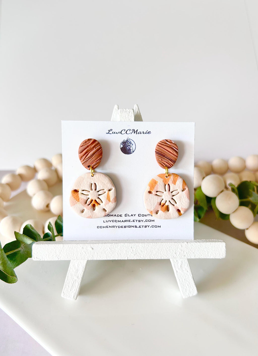 Sand Dollar Beach Earrings, Terracotta White Seashell Dangles, Handmade Clay Coastal Vacation Jewelry Gift