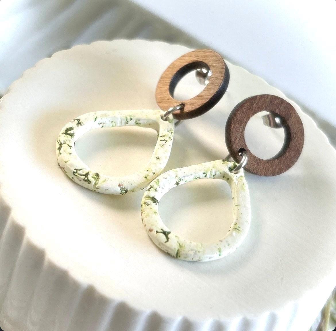 Moss Earrings, Green and White Teardrop Dangles, Clay and Wood Handmade Jewelry