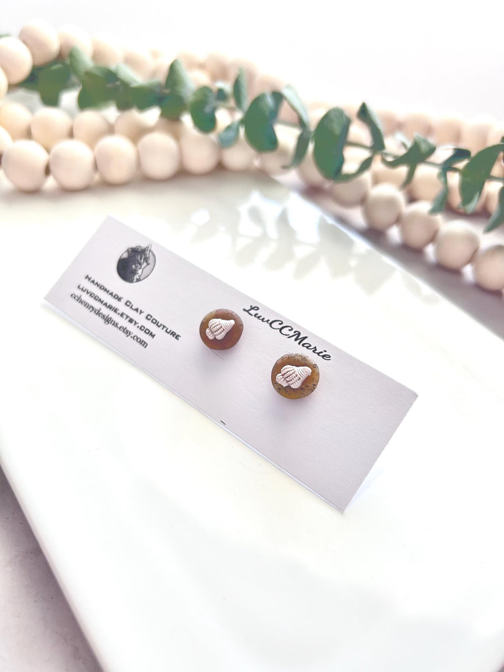 Seashell Studs, Beige and White Stud Earrings, Coastal Vacation Handmade Clay Jewelry Gift