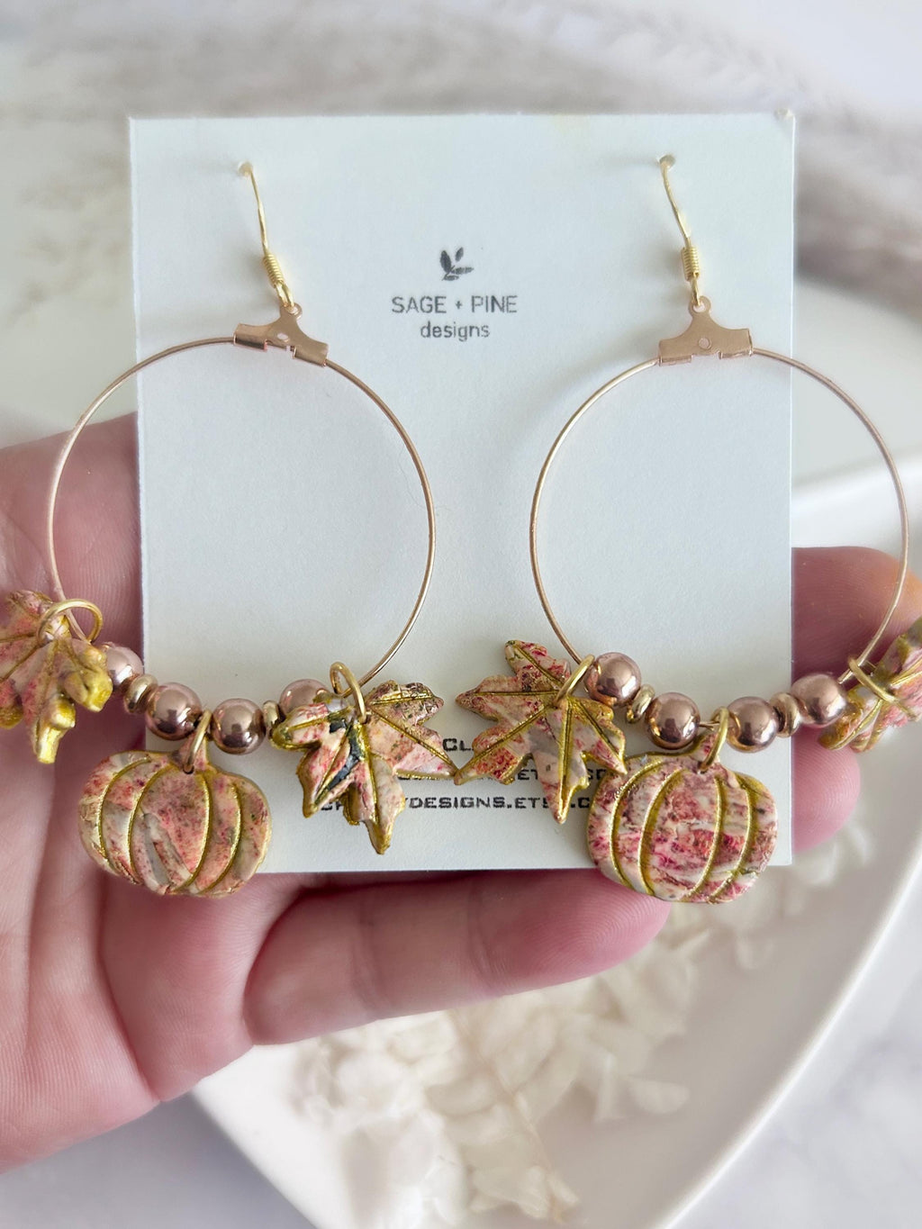Fall Leaf Clay Earrings, Pumpkin Maple Beaded Hoop Dangles, Boho Hypoallergenic Lightweight Jewelry