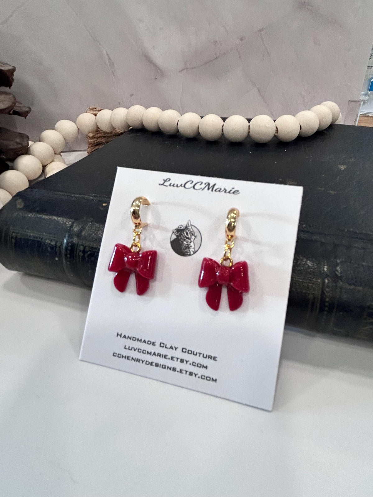 Red Clay Bow Knot Holiday Earrings, Hypoallergenic Dangles