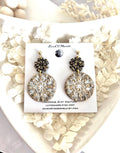 Gold Black White Floral Mandala Dangle Earrings, Handmade Clay Boho Dangles
