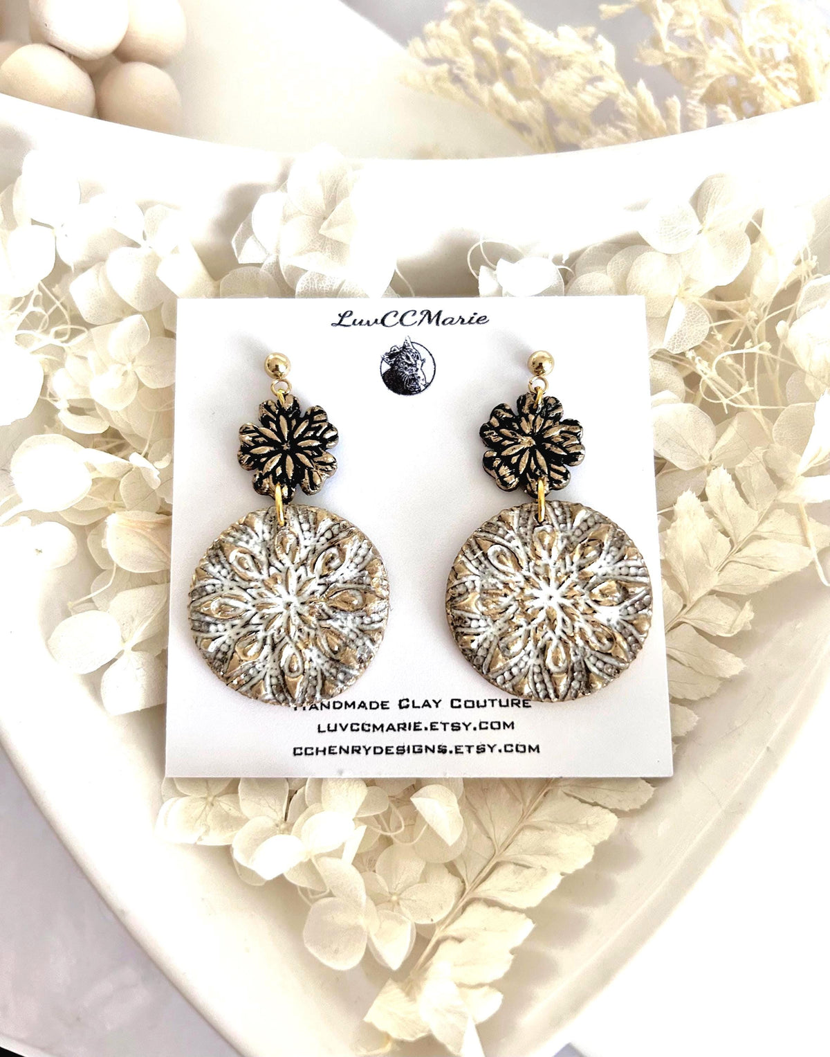 Gold Black White Floral Mandala Dangle Earrings, Handmade Clay Boho Dangles