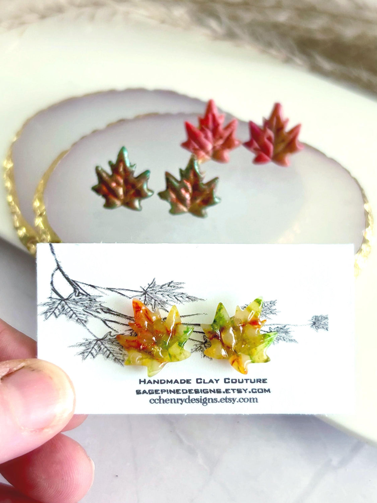 Fall Maple Leaf Stud Earrings, Multicolor Autumn Clay Studs, Handmade Boho Gift