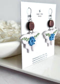Handmade Clay Moth Earrings, Light Blue and White Floral Dangles, Pastel Wings, Wood Polymer