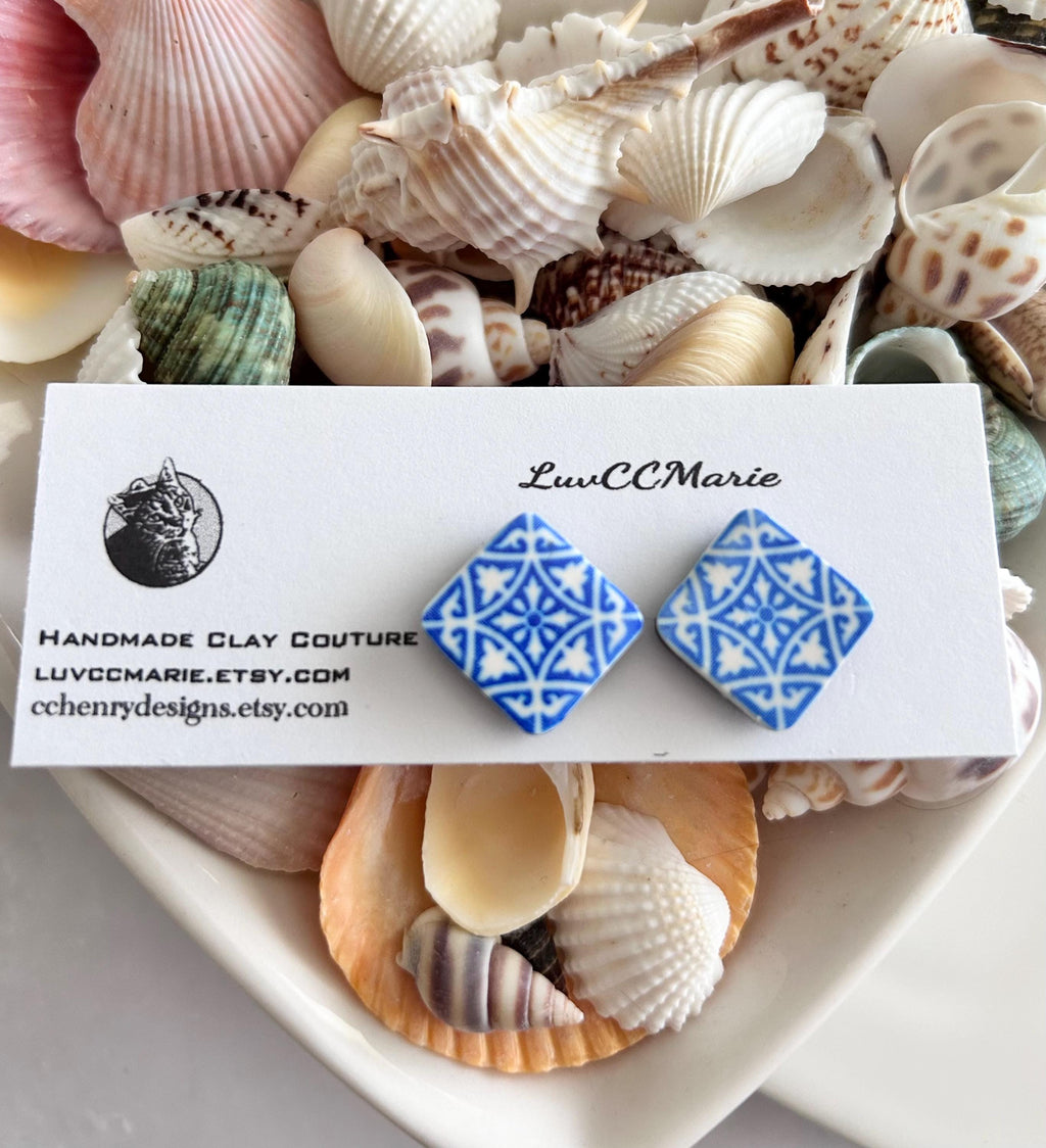 Handmade Santorini Tile Stud Earrings, Blue White Polymer Clay, Boho Jewelry