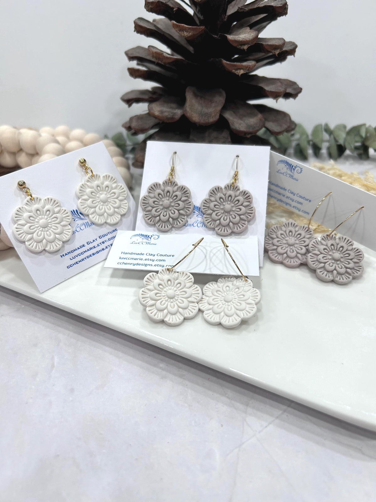 Minimalist Floral Clay Earrings, Creamy White Flower Dangles, Handmade Gift