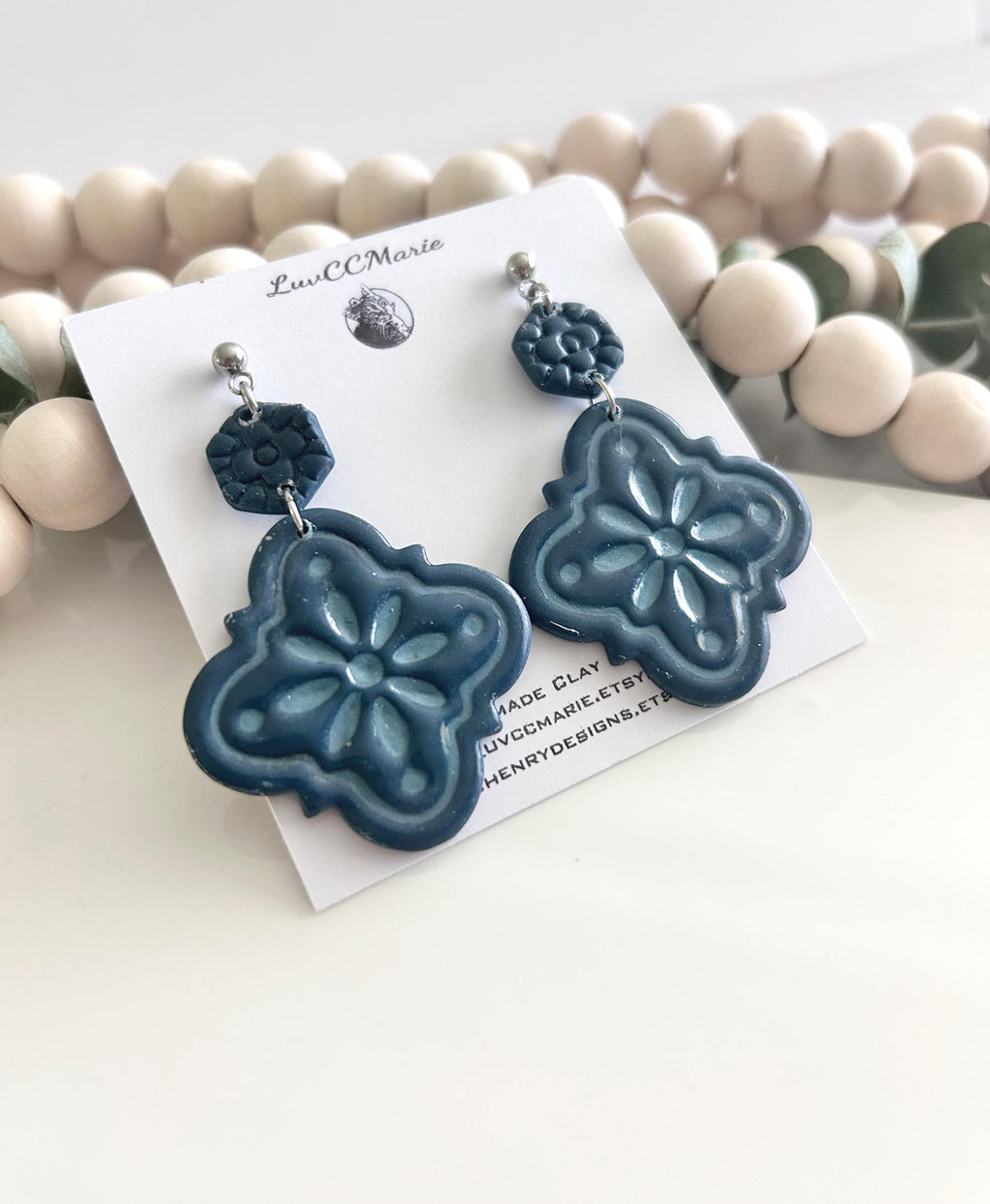 Dark Teal Blue Statement Tile Dangle Earrings Handmade Jewelry Lightweight Vacation Gift