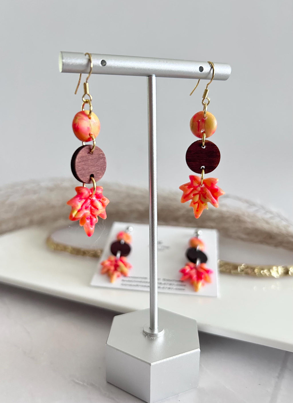 Fall Leaf Clay Earrings, Wood Bead Maple Dangles, Bright Neon Boho Hypoallergenic Lightweight Jewelry