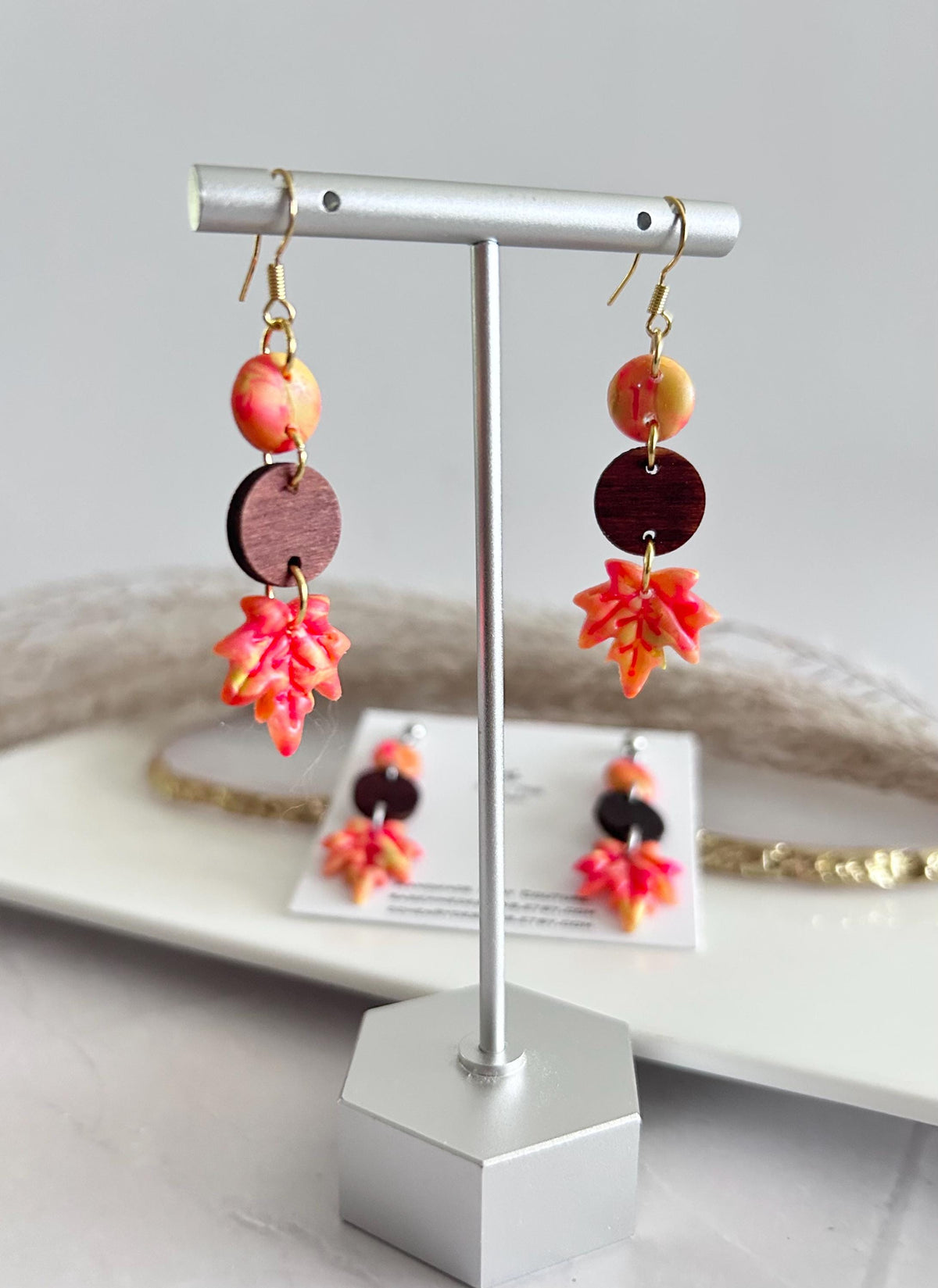 Fall Leaf Clay Earrings, Wood Bead Maple Dangles, Bright Neon Boho Hypoallergenic Lightweight Jewelry