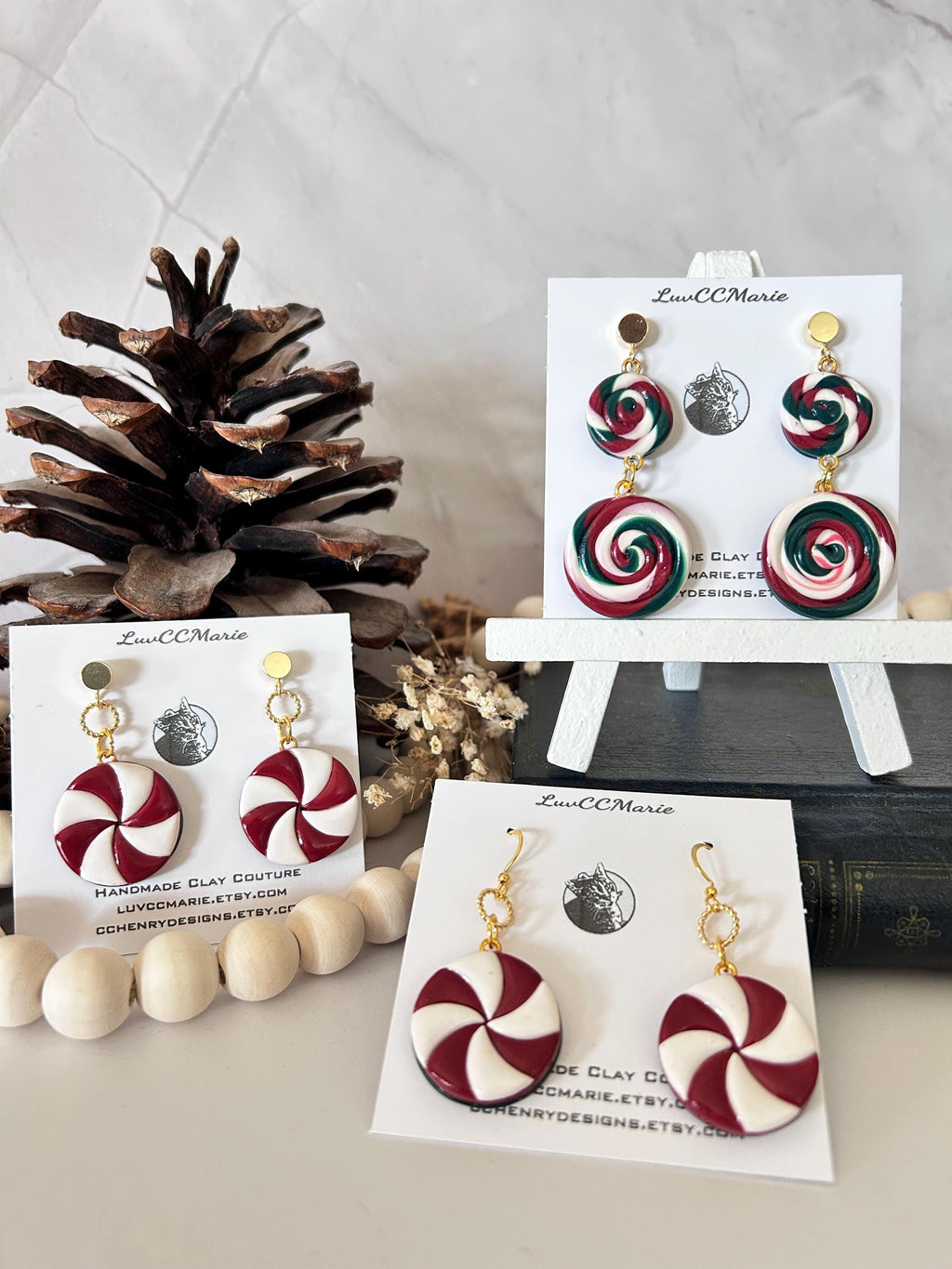 Red and White Peppermint Candy Dangle Earrings, Whimsical Holiday Clay Jewelry, Stocking Stuffers, Foodie Gift