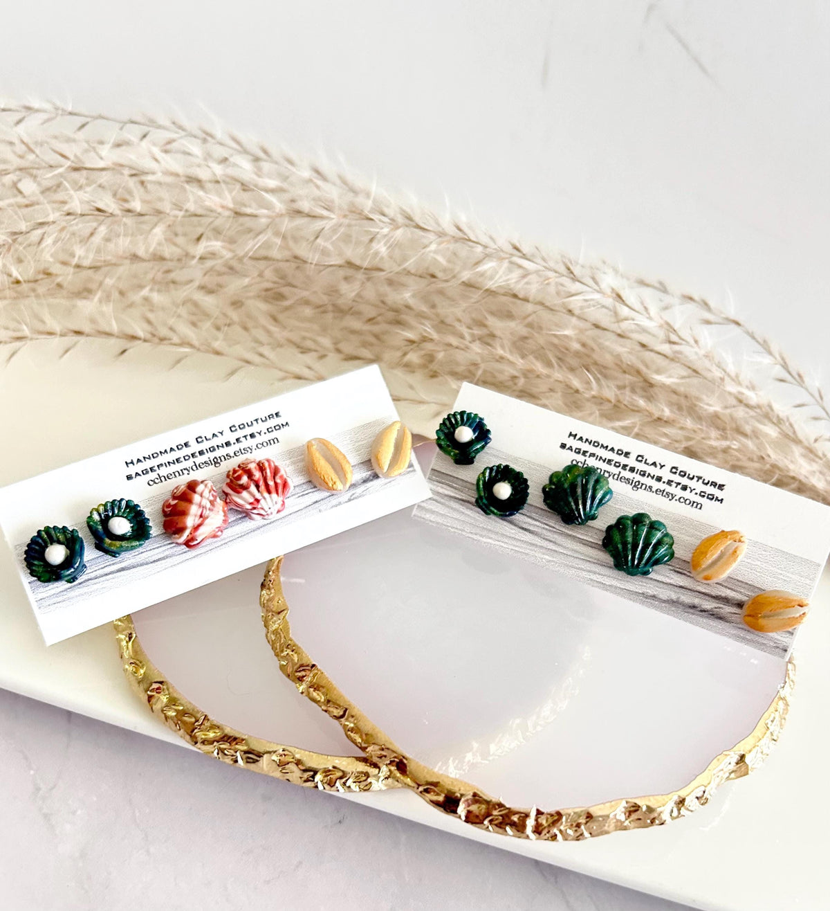 Cowrie Abalone Beach Studs, Coastal Shell Stud Set, Handmade Clay Summer Vacation Jewelry