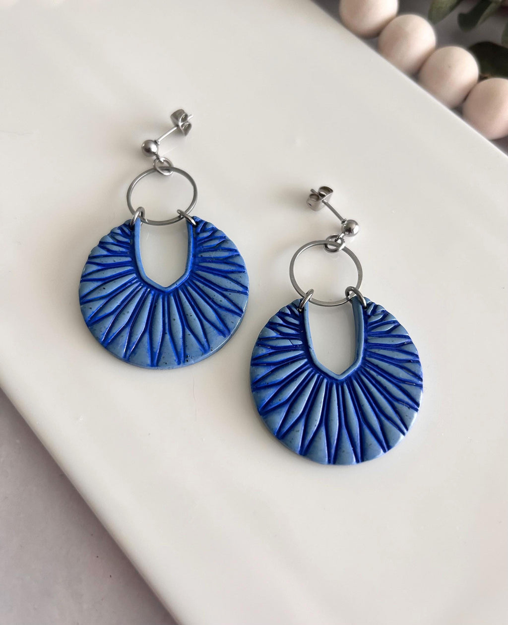 Denim Blue Boho Earrings, Navy and Silver Hoop Dangles, Handmade Clay Jewelry Gift