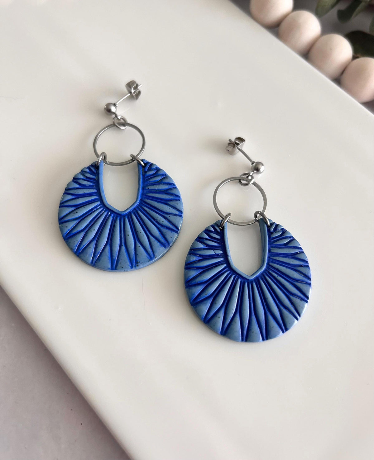 Denim Blue Boho Earrings, Navy and Silver Hoop Dangles, Handmade Clay Jewelry Gift