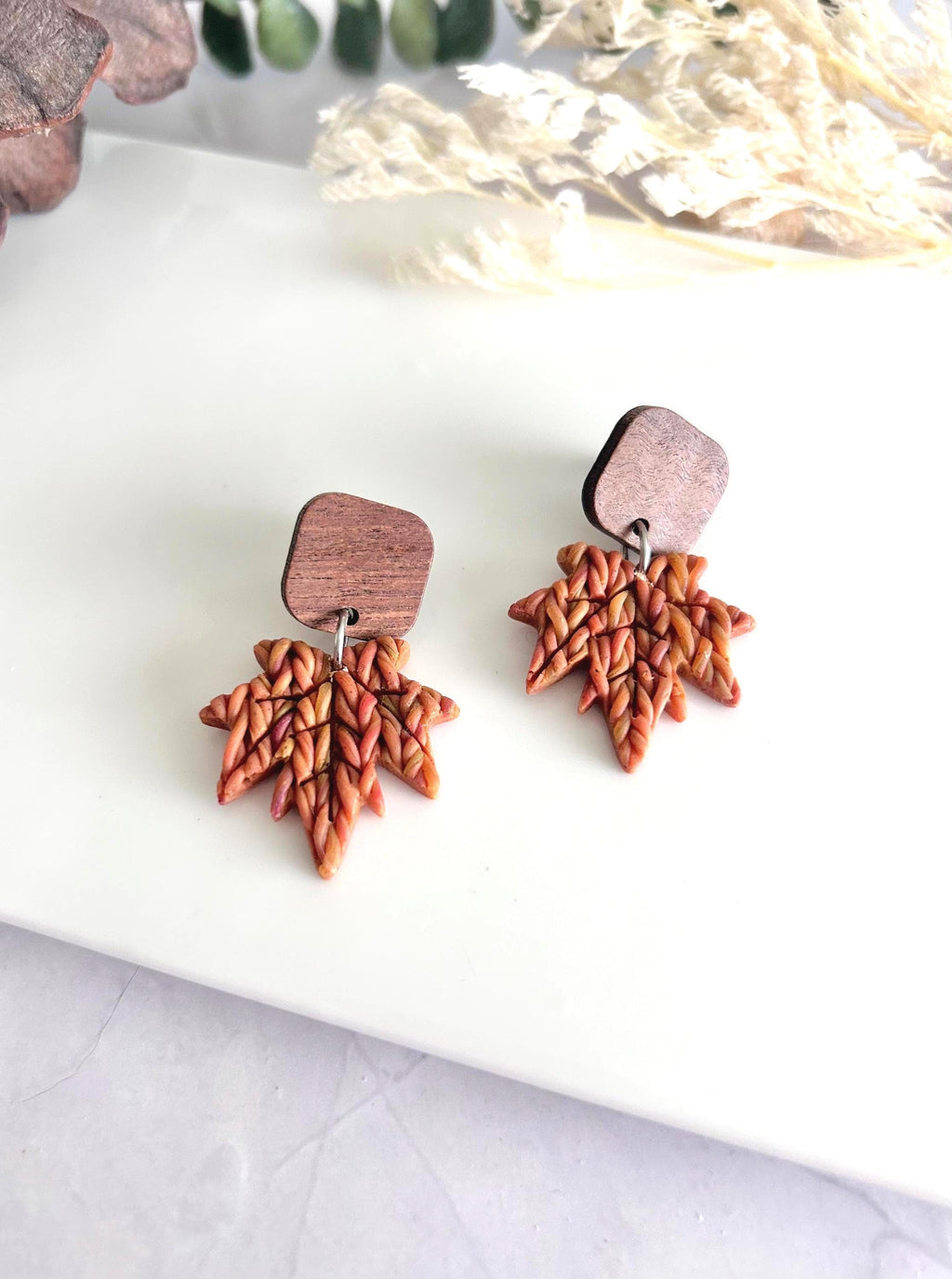 Clay Wood Stud Dangle Earrings, Fall Knit Maple Leaf Dangles, Mustard, Brown, Orange