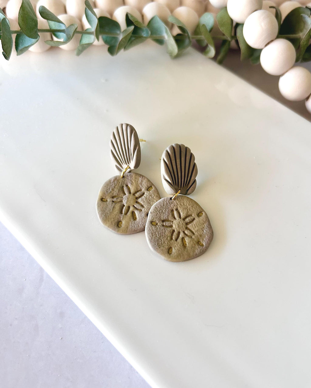 Khaki Gold Sand Dollar Clay Earrings, Coastal Beach Vacation Dangles, Unique Handmade Gift