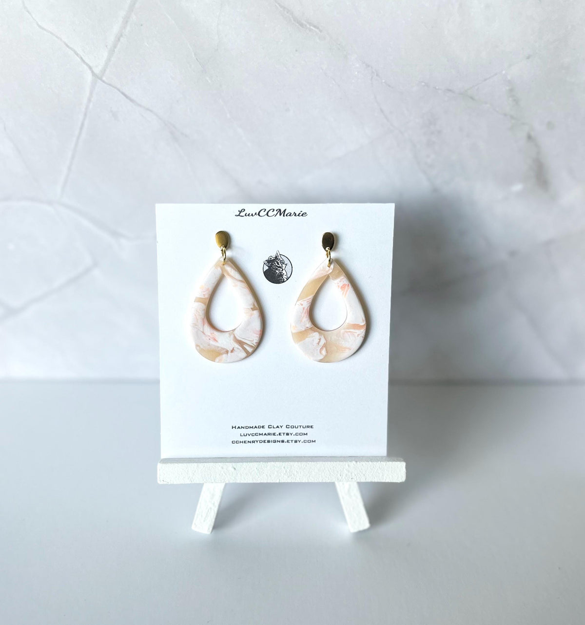 Abstract Teardrop Hoop Earrings, Peach and White Clay Earrings, Handmade Boho Fashion Jewelry