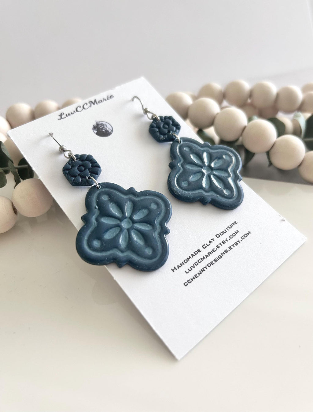 Dark Teal Blue Statement Tile Dangle Earrings Handmade Jewelry Lightweight Vacation Gift