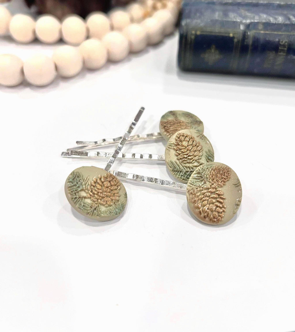 Fall Bobby Pins, Pine Cone Clips, Sage Green Hair Accessories, (Set of 4)