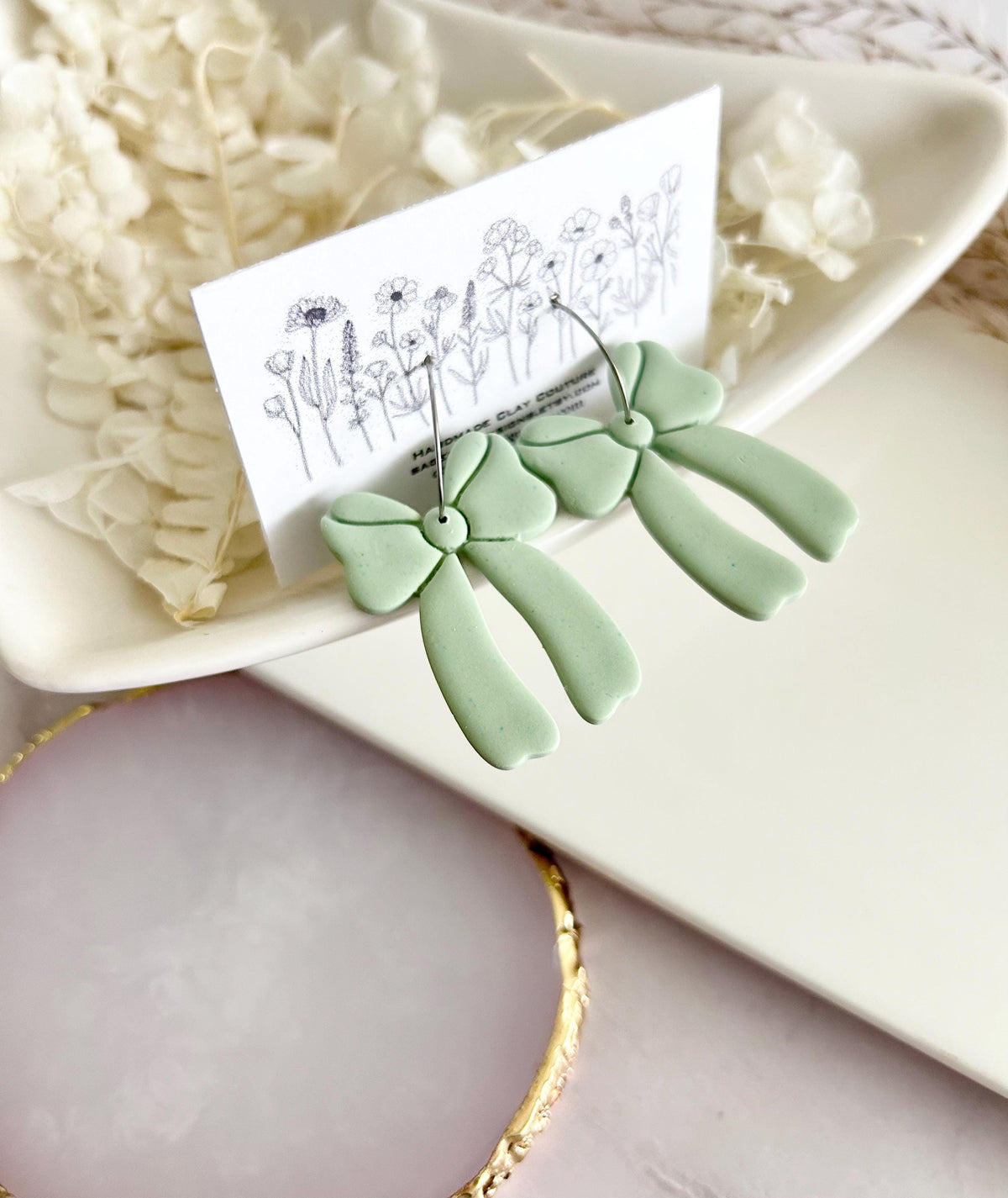 Sage Green Bow Earrings, Fall Statement Hoop Dangles, Boho Clay Handmade Jewelry