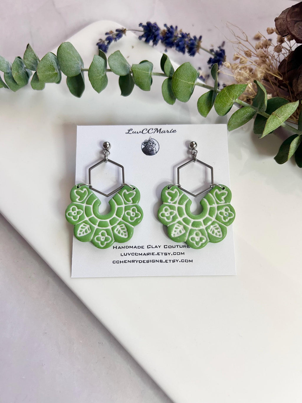 Green Large Earrings with Leaves, Handmade Hoop Long Hanging Modern Drops, Fall Leaf Jewelry