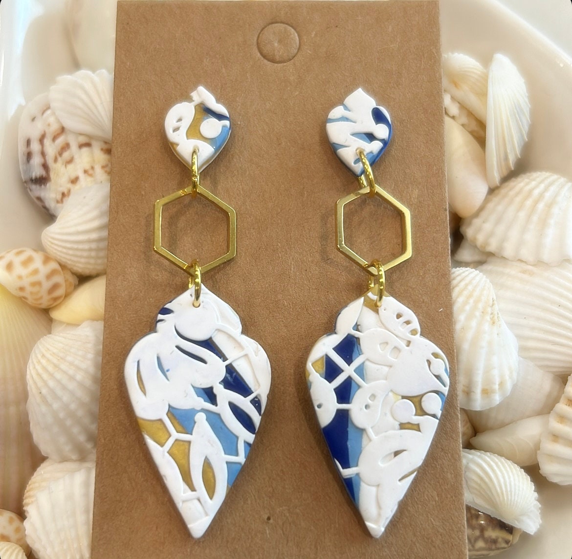 White Lace Clay Earrings, Navy Blue & Gold Dangles, Handmade Wedding Gift for the Bride