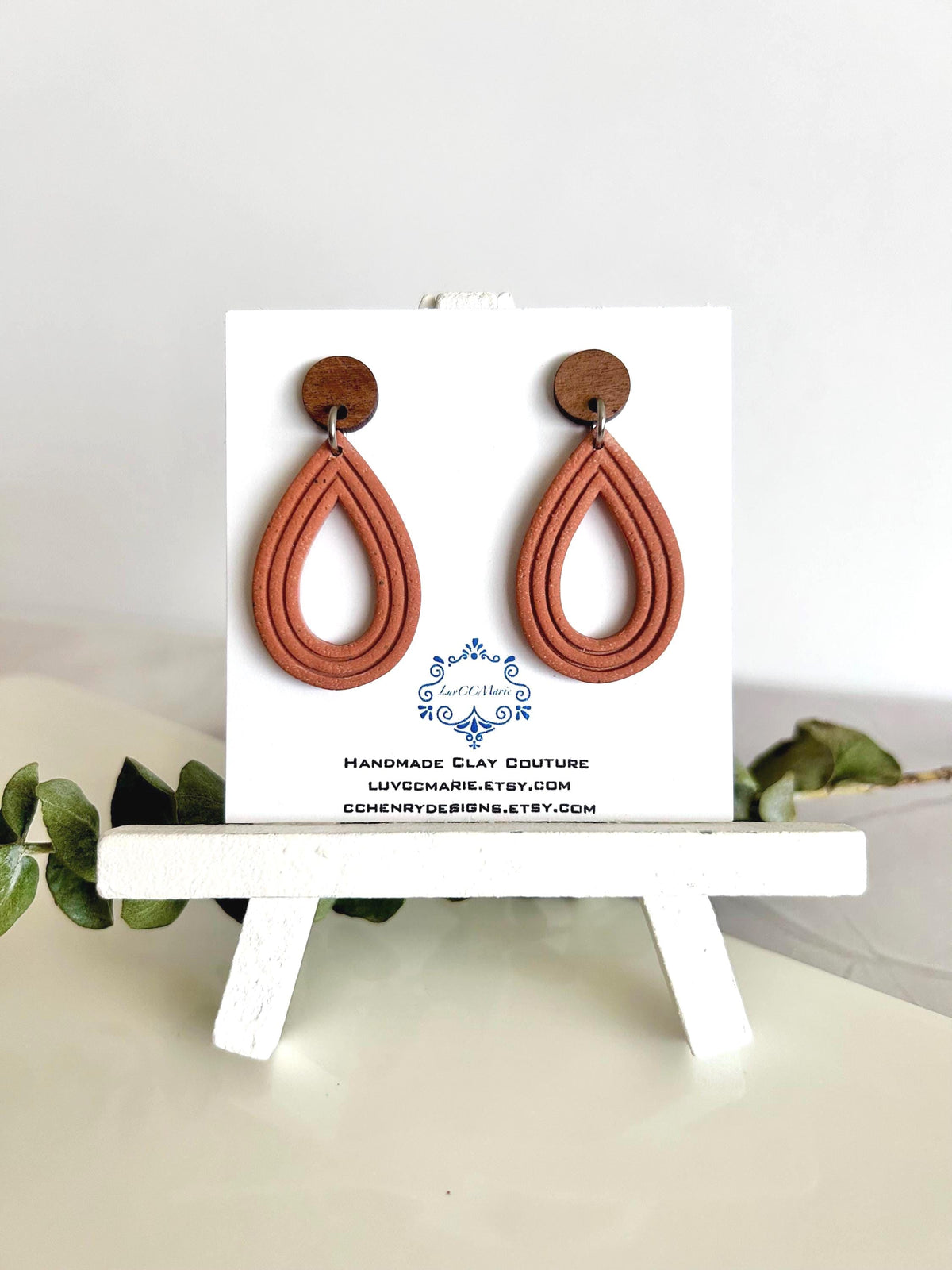 Rust Brown Terracotta Clay and Wood Dangle Earrings, Small Mexican Neutral Handmade Boho Jewelry