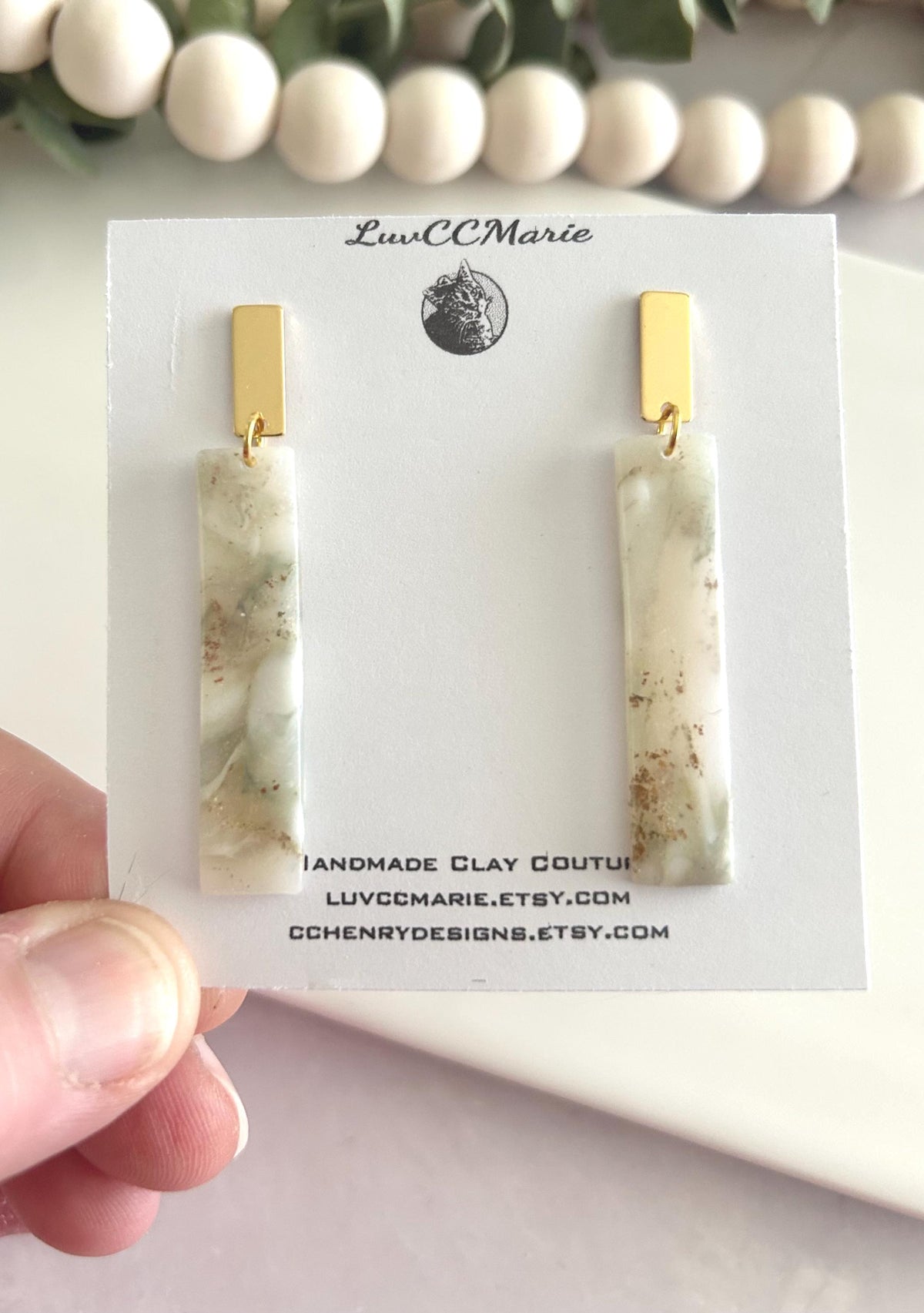 Handmade Clay Dangle Earrings, Sage Green, Gold and White Marbled Dangles, Lightweight Jewelry