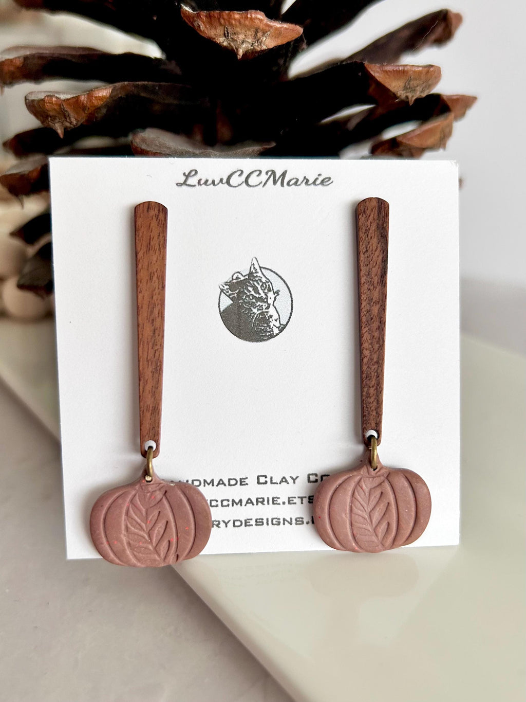 Handmade Clay Fall Leaf Earrings, Wood Bar Dangles, Brown Leaves Autumn Jewelry
