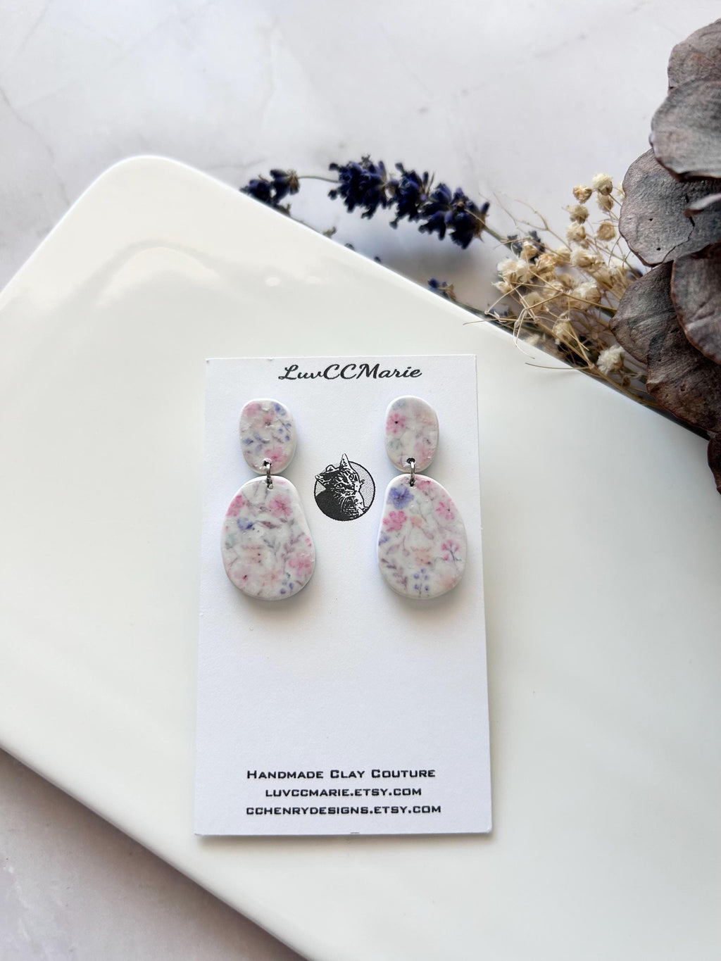 Pink and Blue Floral Earrings, Pastel Flower Clay Earrings, Stud Dangles, Handmade Jewelry