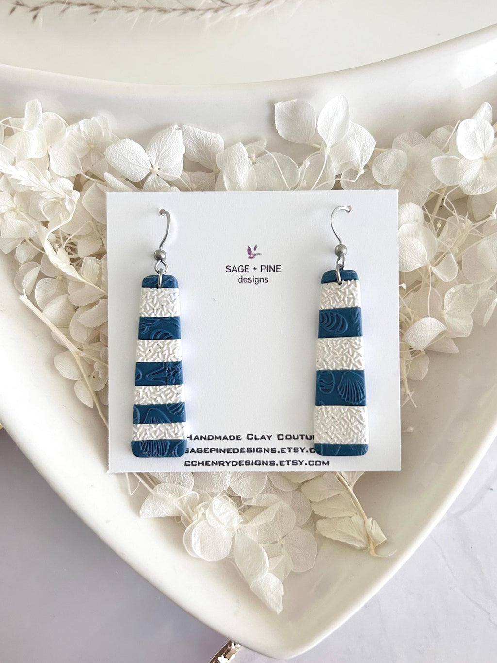 Asymmetrical Creamy White and Teal Blue Silver Long Dangle Earrings, Handmade Clay Coastal Jewelry