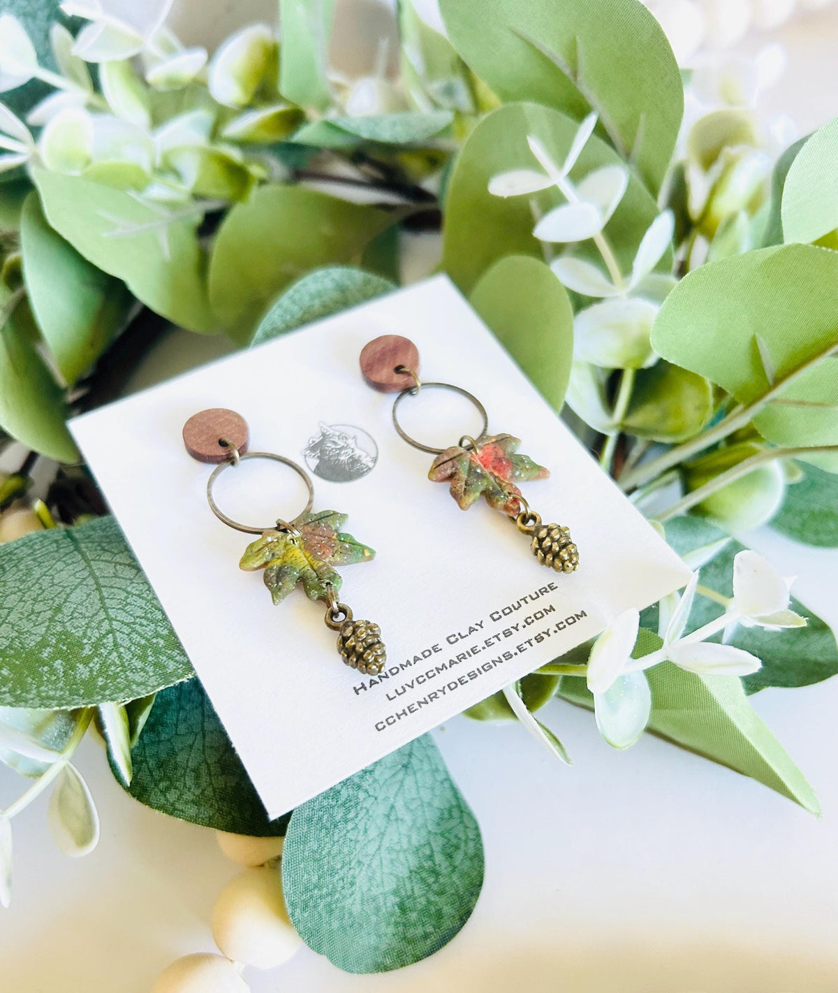 Maple Leaf Clay Earrings, Bronze and Wood Pine Cone Dangles, Handmade Multicolor Fall Jewelry