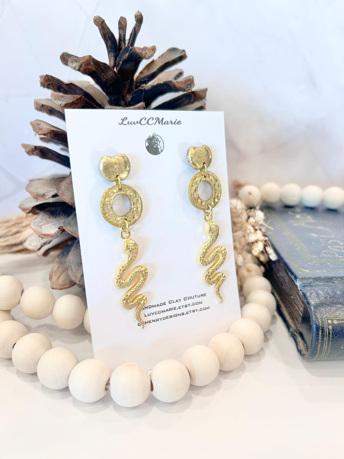 Handmade Clay Long Snake Dangle Earrings, Apple Studs, Statement Jewelry