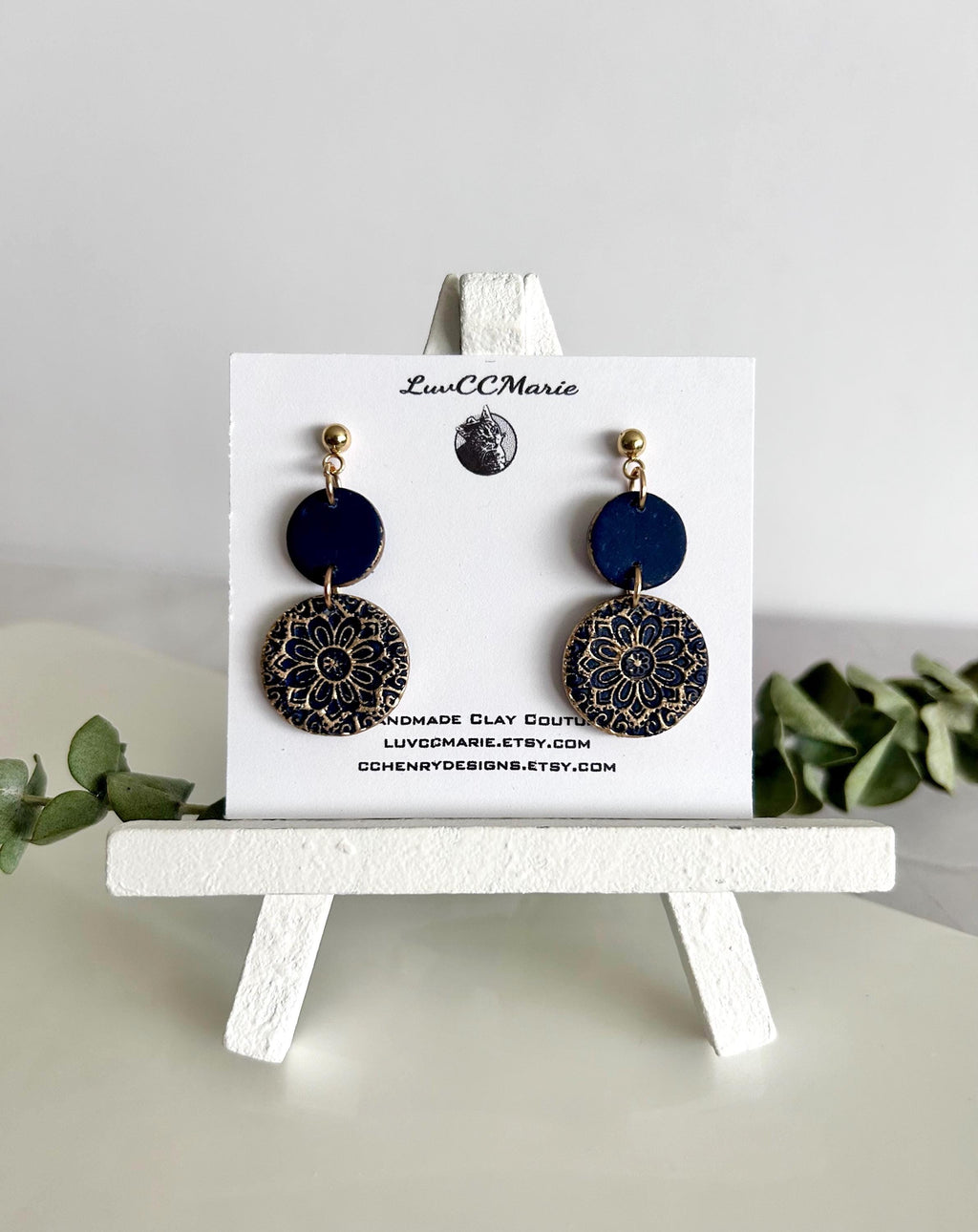 Dark Navy Blue Clay Earrings, Gold Mandala Embossed Dangles, Handmade Fashion Boho Jewelry