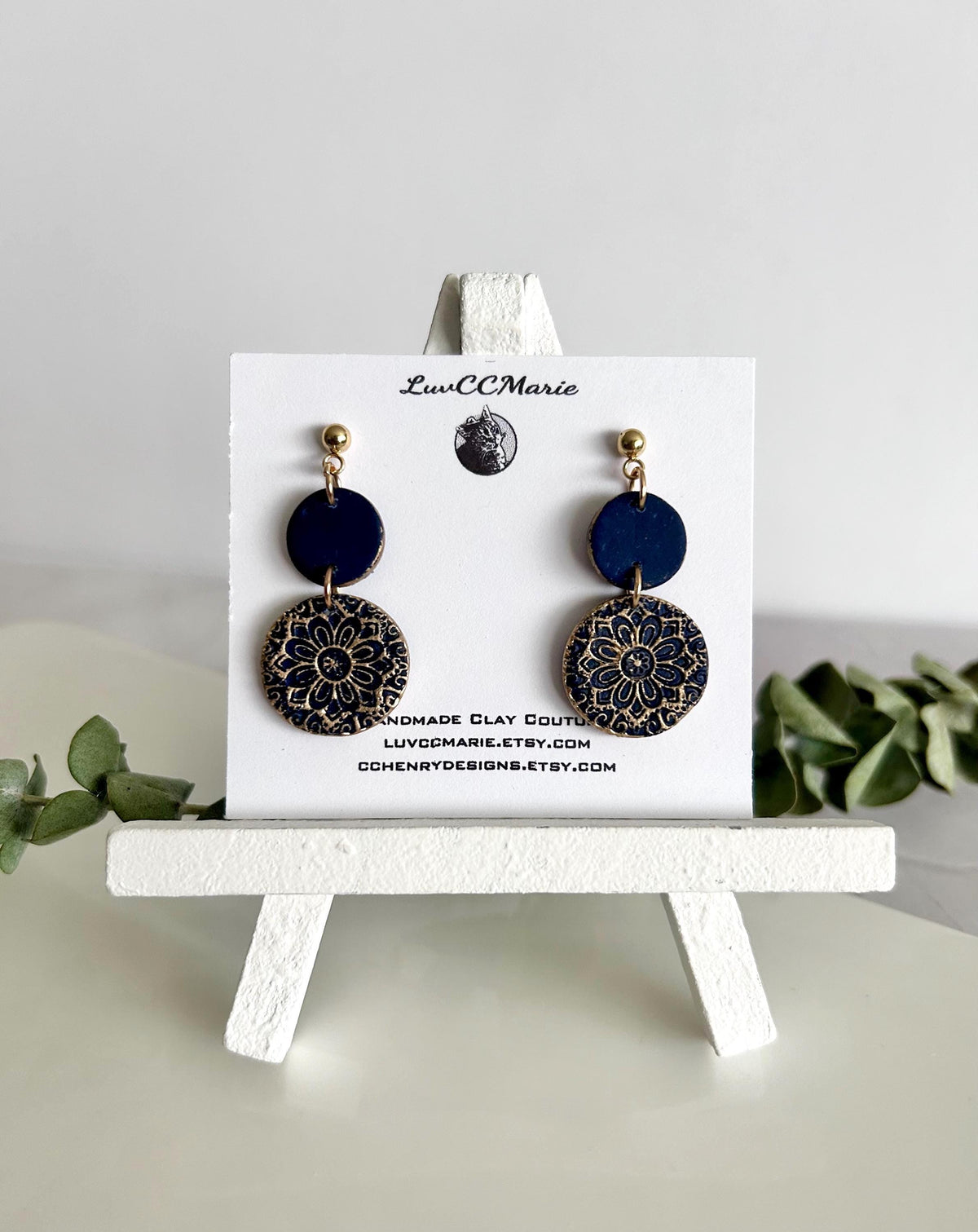 Dark Navy Blue Clay Earrings, Gold Mandala Embossed Dangles, Handmade Fashion Boho Jewelry