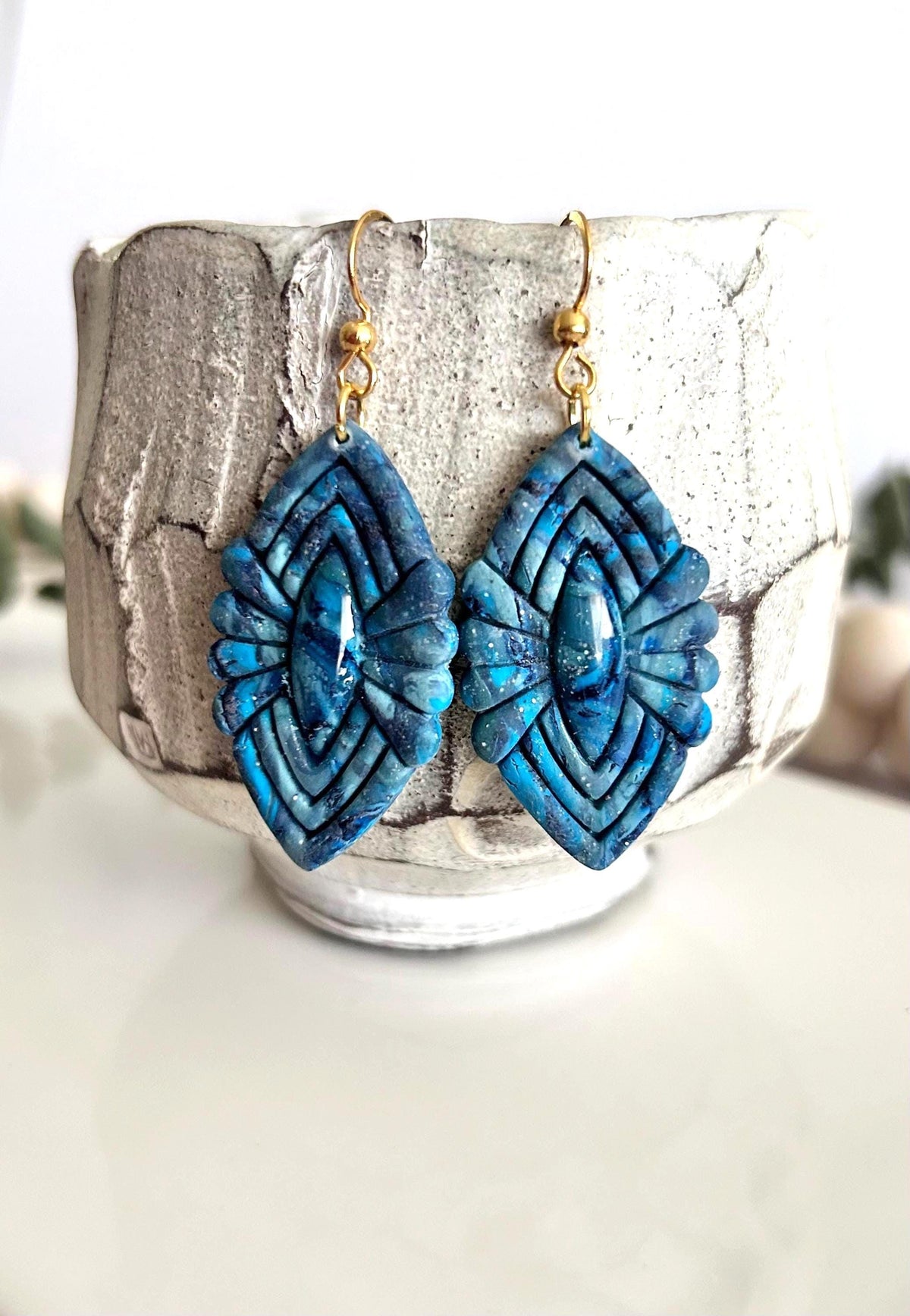 Teal Dangle Earrings, Boho Dangles, Blue and Gold Handmade Clay Unique Jewelry