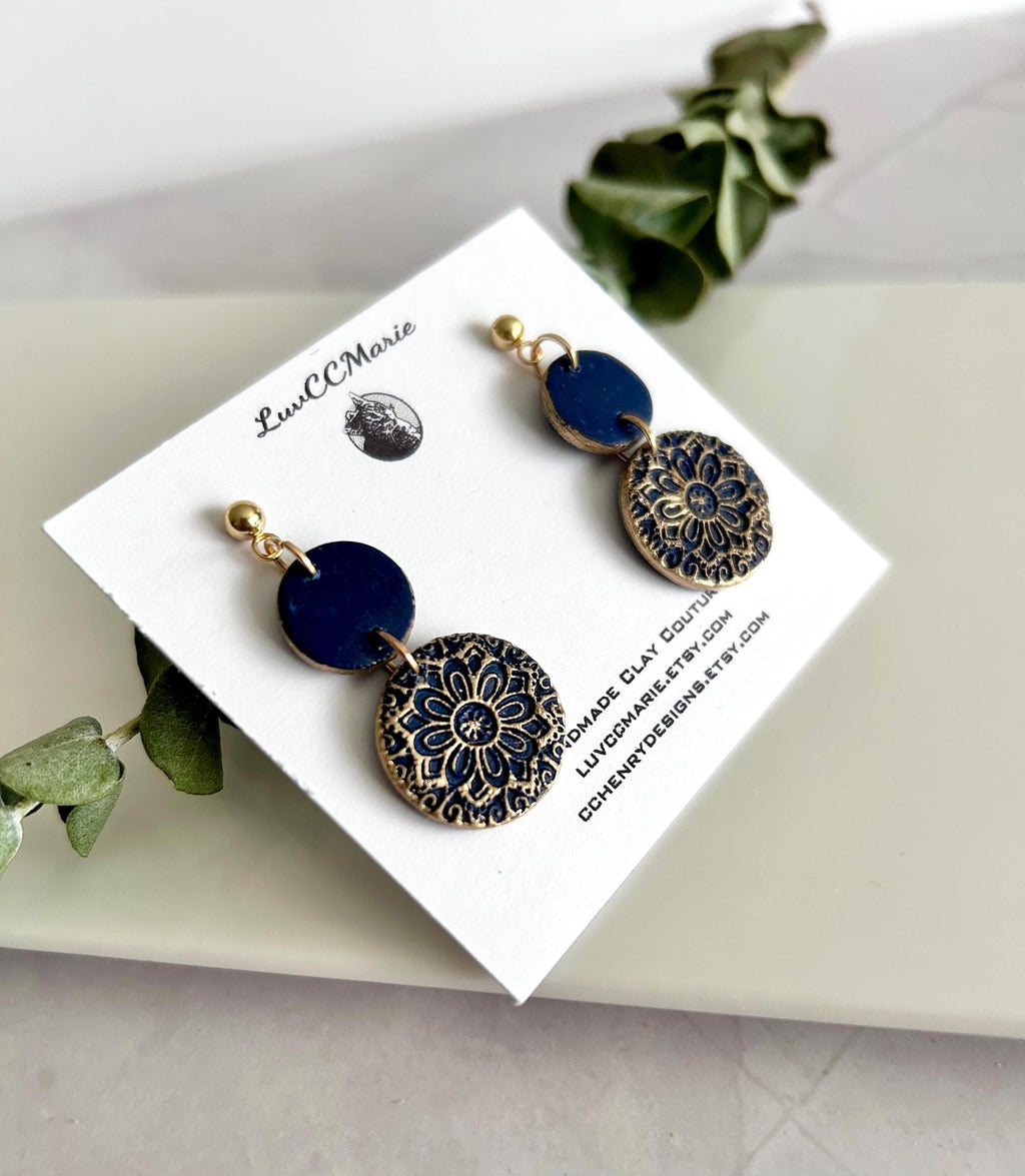 Dark Navy Blue Clay Earrings, Gold Mandala Embossed Dangles, Handmade Fashion Boho Jewelry