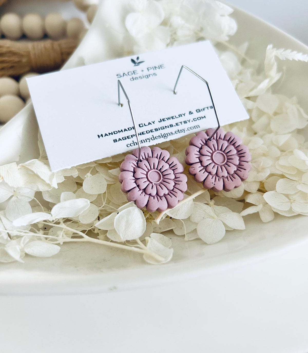 Spring Floral Clay Earrings, Sage Green Hoop Dangles, Boho Hypoallergenic Lightweight Jewelry