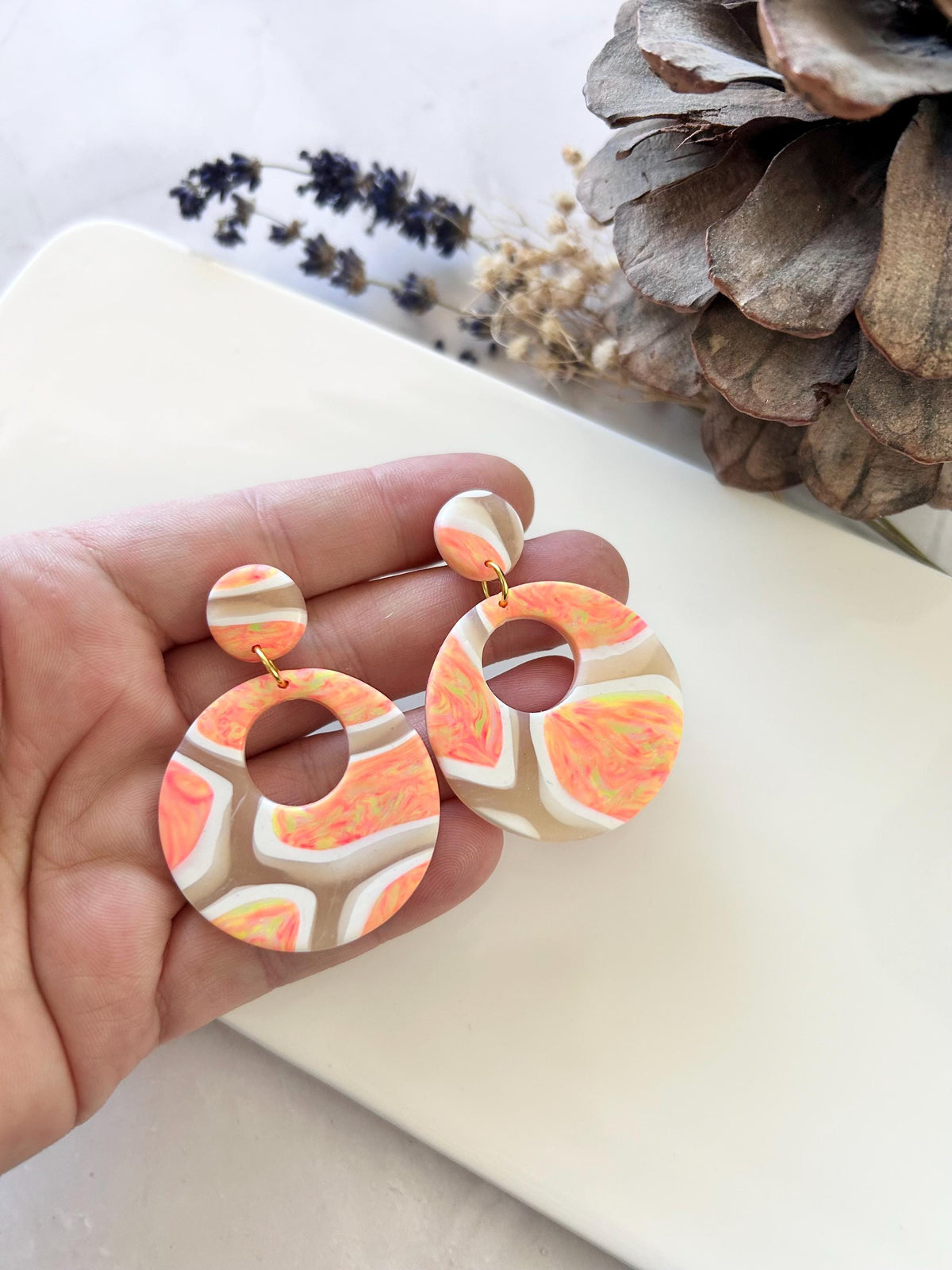 Coral Tortoiseshell Clay Hoop Earrings: Retro Boho Dangles